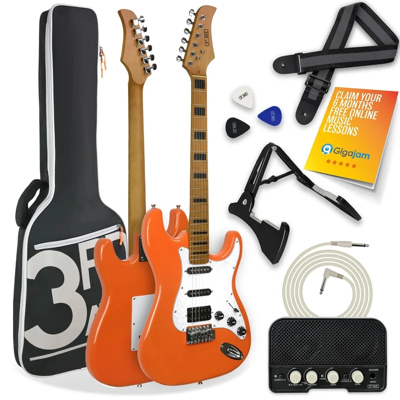 3rd Avenue Stateside Full Size 4/4 Electric Guitar Ultimate Kit with 5W Amp, Cable, Stand, Padded Gig Bag, Strap, Picks, FREE LESSONS – Canyon Orange