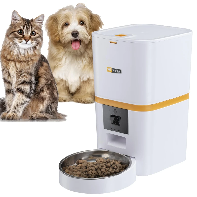 Ferplast Automatic Cat Feeder Dog Feeder RISTO PET SMART– 6L APP Control Cat and Dog Feeder, WiFi, Night Vision Camera, Microphone and Speaker, Stainless Steel Bowl