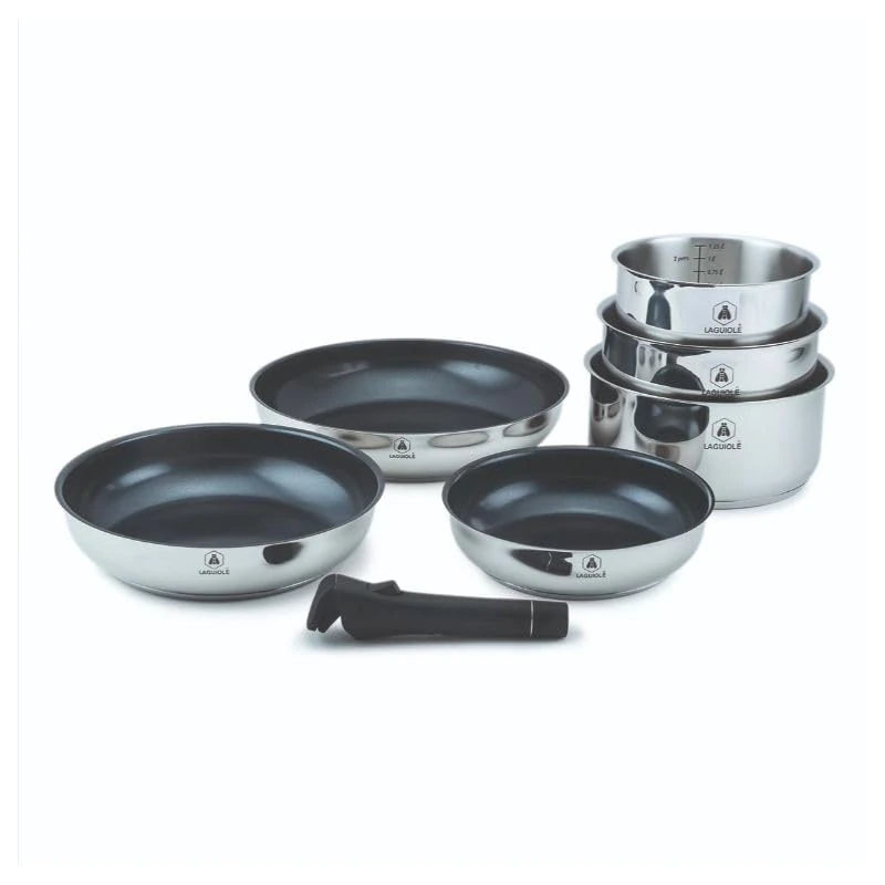 LAGUIOLE, 7-Piece Stainless Steel Kitchen Set with Non-Stick Ceramic Coating, Removable Handle, Induction Compatible, Various Dimensions, 3 pots + 3 Frying Pans, Silver