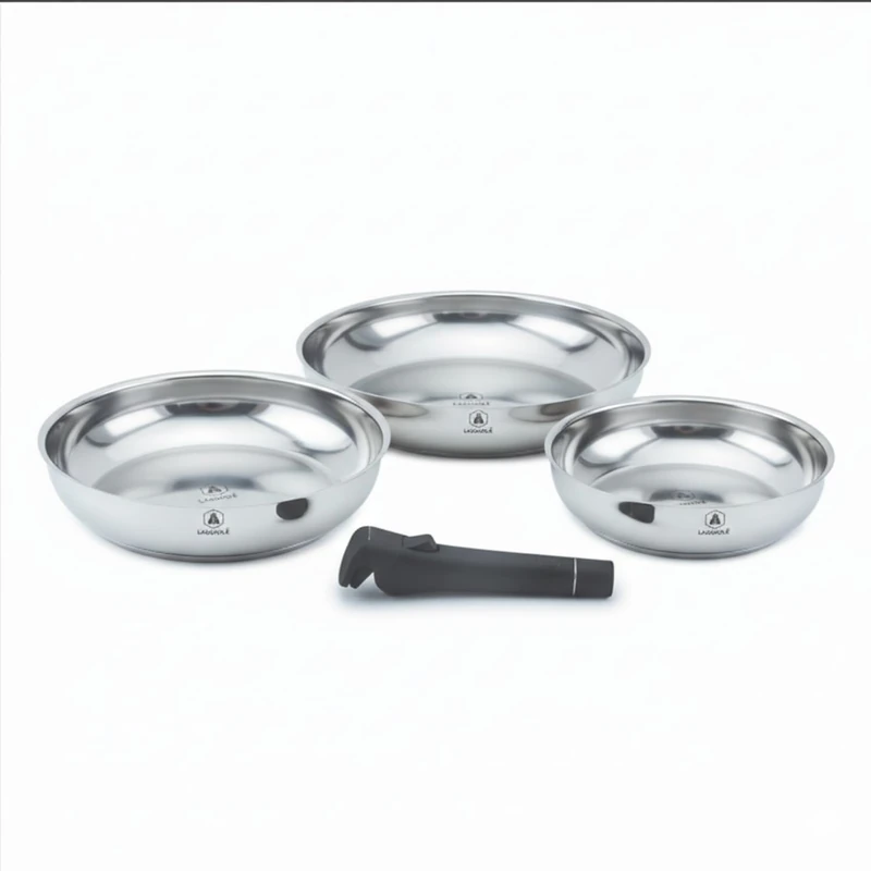 LAGUIOLE, Set of 3 Removable Stainless Steel Frying Pans, Suitable for All Hobs, Induction, 100% Cast Iron, 20/24/28 cm, Capacity 1.25/1.80/2.50 L, Stackable Design, Silver - Image 1