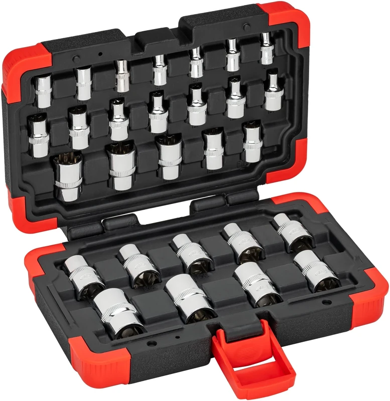 ViGOR Torx Socket Set T-Profile V2687N, 28 Pieces, 1/4 Inch (6.3 mm) Square, 3/8 Inch (10 mm) Square, 1/2 Inch (12.5 mm) Square, Various Sizes
