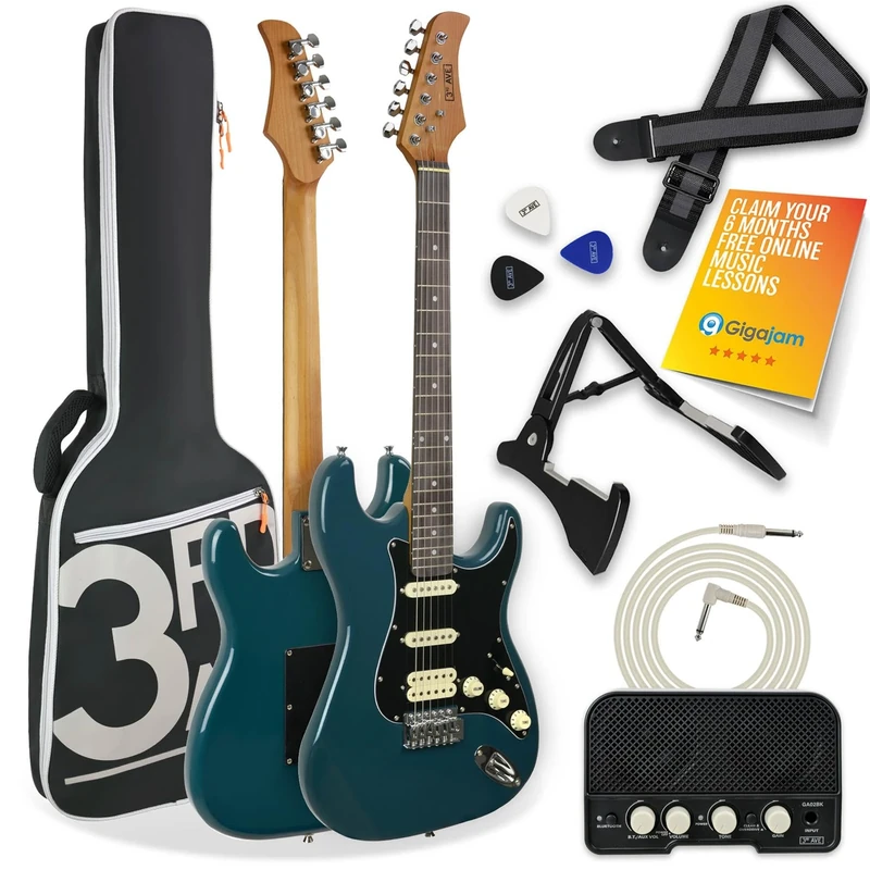 3rd Avenue Stateside Full Size 4/4 Electric Guitar Ultimate Kit with 5W Amp, Cable, Stand, Padded Gig Bag, Strap, Picks, FREE LESSONS – Delta Blue