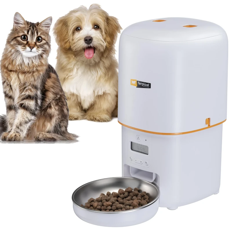 Ferplast Automatic Cat Feeder and Dog Feeder RISTO PET, 4L Cat Dry Food Dispenser, Programmable, Dual Power Supply, 6 Meals Per Day, Backlit Display, Stainless Steel Bowl Included