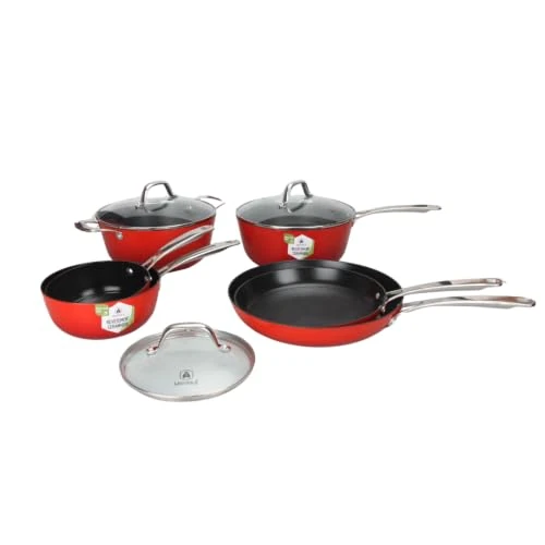 LAGUIOLE, 9-Piece Light Cast Iron Cookware Set, Optimal Heat Retention, Non-Stick, Elegant Design, All Heat Sources, Induction, 100% Cast Iron, Red, Pots 16-18cm, Frying Pans 24-28cm, Red