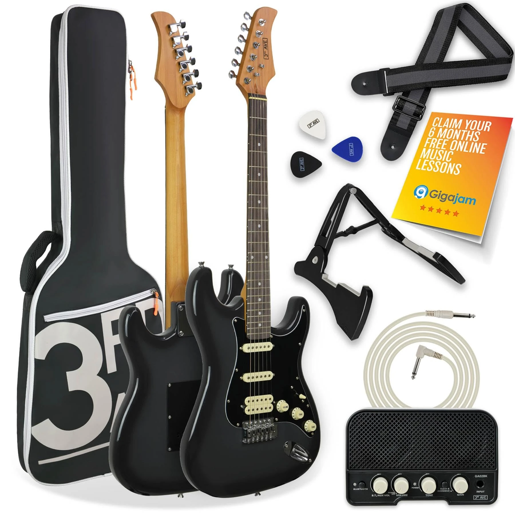 3rd Avenue Stateside Full Size 4/4 Electric Guitar Ultimate Kit with 5W Amp, Cable, Stand, Padded Gig Bag, Strap, Picks, FREE LESSONS – Rushmore Grey