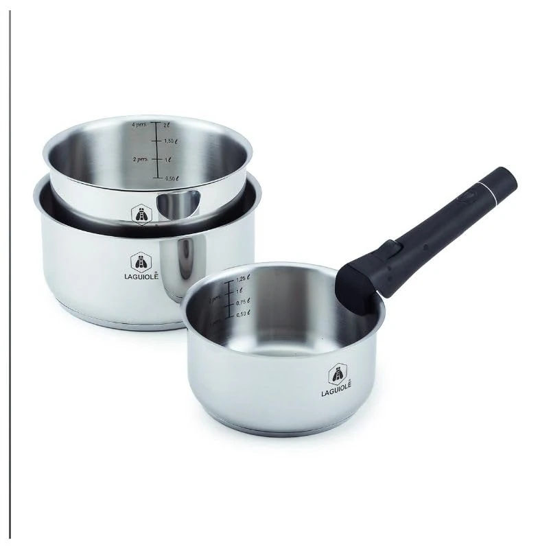 LAGUIOLE, Set of 3 Stainless Steel Saucepans with Removable Handle, Compatible with All Heat Sources, Stackable, Capacity 1.25L, 2.00L, 2.50L - 16/18/20cm, Silver