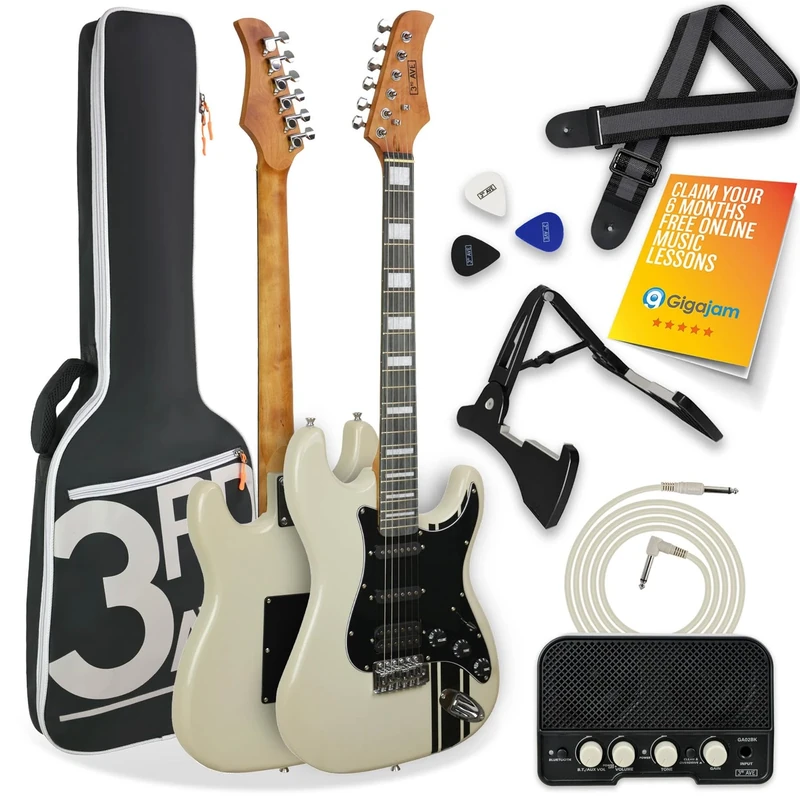 3rd Avenue Stateside Full Size 4/4 Electric Guitar Ultimate Kit with 5W Amp, Cable, Stand, Padded Gig Bag, Strap, Picks, FREE LESSONS – Atlantic White