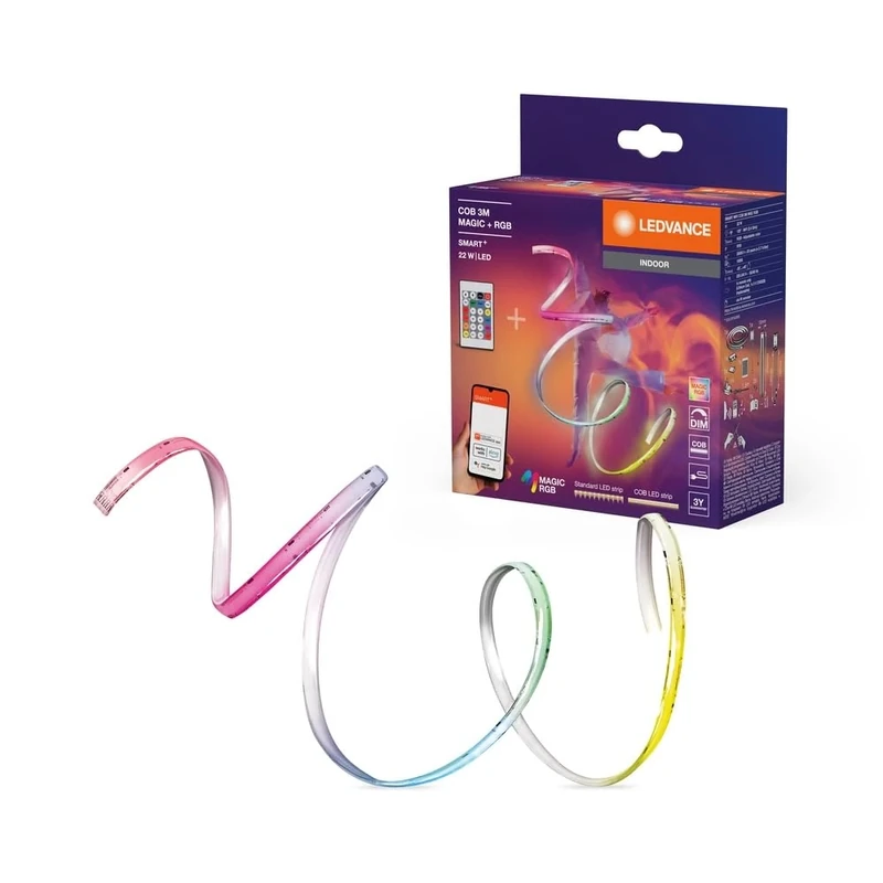 LEDVANCE Smart WiFi Decorative COB Strips with Magic RGB and Homogeneous Light Effect with Remote Control, 22 W, Dimmable, IP20, White, Silicone, Bulb Not Replaceable