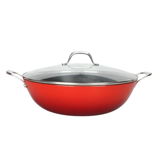 LAGUIOLE, Red Cast Iron Wok 36x10cm - Optimal Heat Retention, Lightweight, Non-Stick, Easy Cleaning, All Heat Sources, Induction, 100% Cast Iron, Elegant Design, 10 L, Red