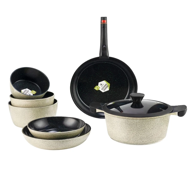 LAGUIOLE, Jade 9-Piece Kitchen Set, Aluminium with Non-Stick Ceramic Coating, Removable Handle, Compatible with All Heat Sources, Stackable, 28 cm, Green