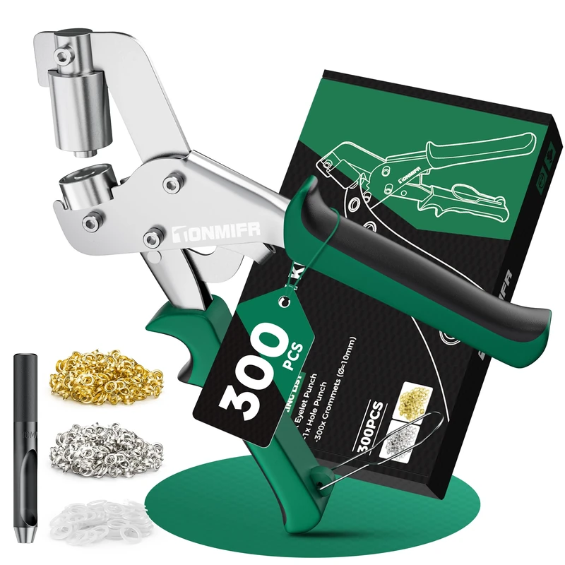 Professional Eyelet Punch Kit - Tonmifr 10mm Grommet Hole Punch Plier with 300pcs Metal Grommet Eyelets, Ideal for Punching Holes in PVC Banners, Tarpaulins, Leather, Home Decoration & More