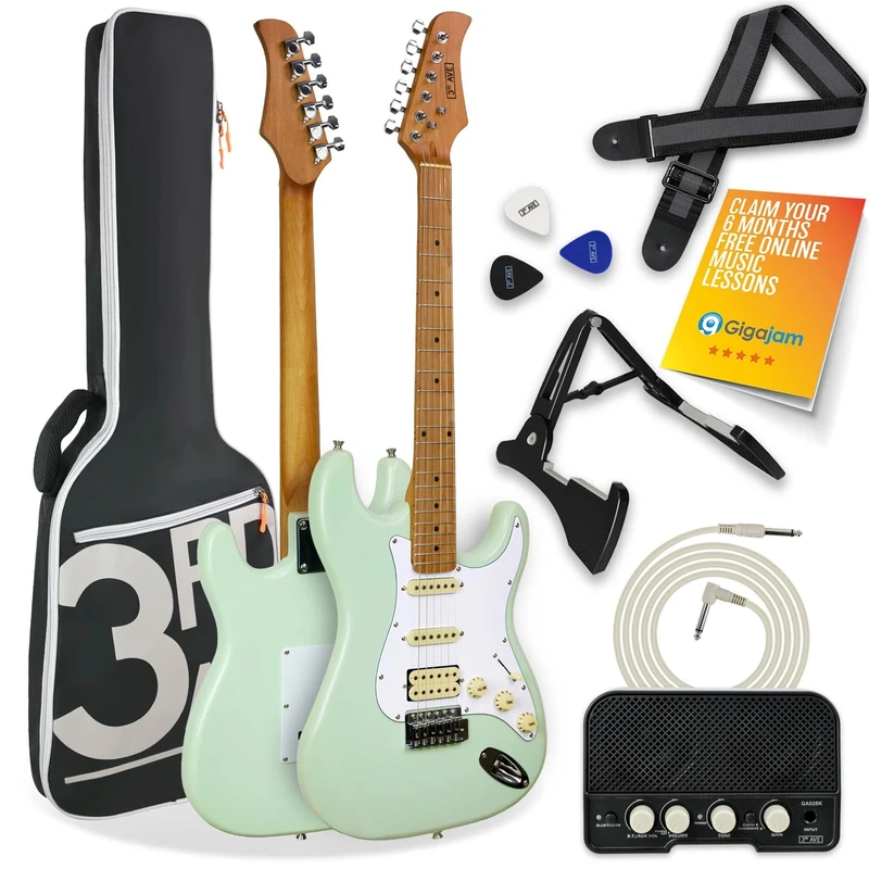 3rd Avenue Stateside Full Size 4/4 Electric Guitar Ultimate Kit with 5W Amp, Cable, Stand, Padded Gig Bag, Strap, Picks, FREE LESSONS – Liberty Green