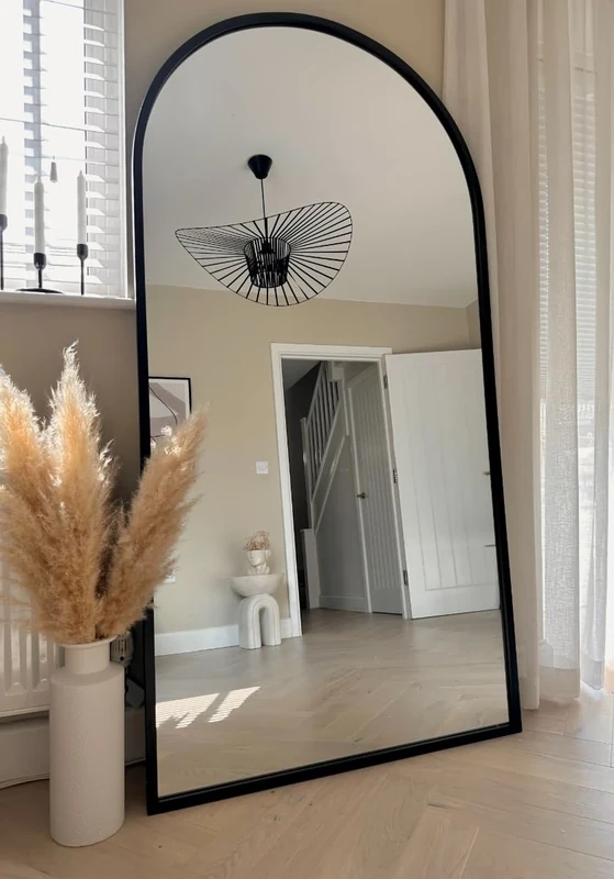 MirrorOutlet Full Length Black Large Tall Arched Metal Modern Wall Mirror: 180 x 90cm - Suitable for Bedroom, Living Room, Dressing Room, and Living spaces.