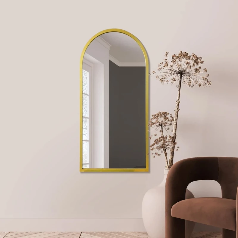 MirrorOutlet Arched Modern Gold Large Arched Metal Modern Wall Mirror: 120 x 60cm - Suitable for Bedroom, Living Room, Dressing Room, and Living spaces.