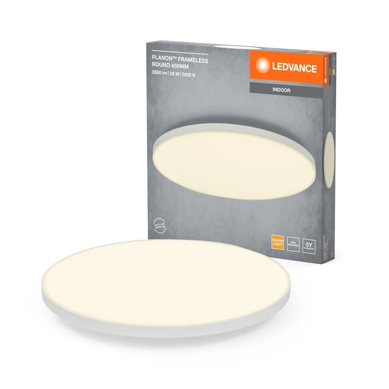 LEDVANCE Planon Frameless Round luminaire in White with Advanced LED Technology, 28 W, Round Shape (450 mm Diameter), Warm White Light Colour at 3000 K, Aluminium housing, Frosted PMMA Diffuser