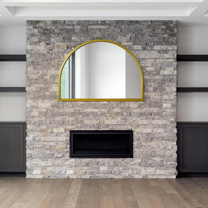 MirrorOutlet Arched Modern Gold Large Arched Metal Modern Wall Mirror: 125 x 90cm - Suitable for Bedroom, Living Room, Dressing Room, and Living spaces.