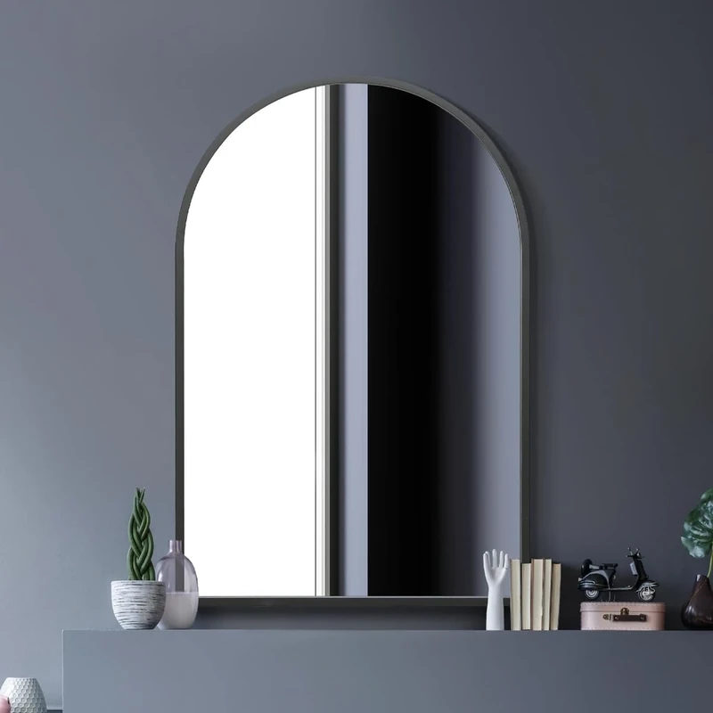 MirrorOutlet Arched Modern Black Large Arched Metal Modern Wall Mirror: 120 x 80cm - Suitable for Bedroom, Living Room, Dressing Room, and Living spaces.