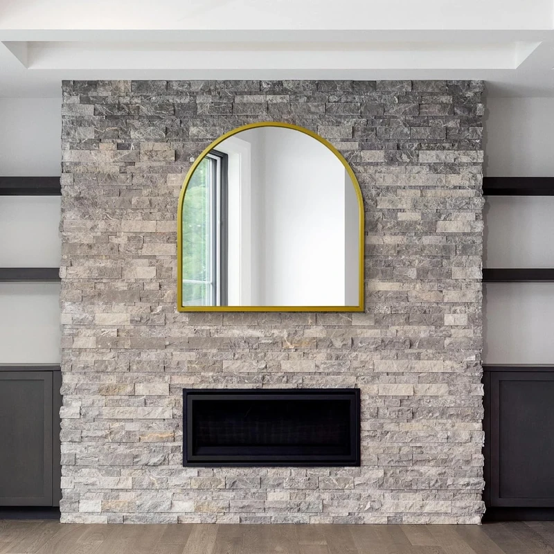 MirrorOutlet Arched Modern Gold Large Arched Metal Modern Wall Mirror: 100 x 100cm - Suitable for Bedroom, Living Room, Dressing Room, and Living spaces.