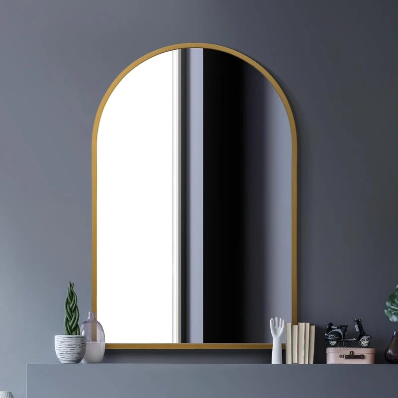 MirrorOutlet Arched Modern Gold Large Arched Metal Modern Wall Mirror: 120 x 80cm - Suitable for Bedroom, Living Room, Dressing Room, and Living spaces.