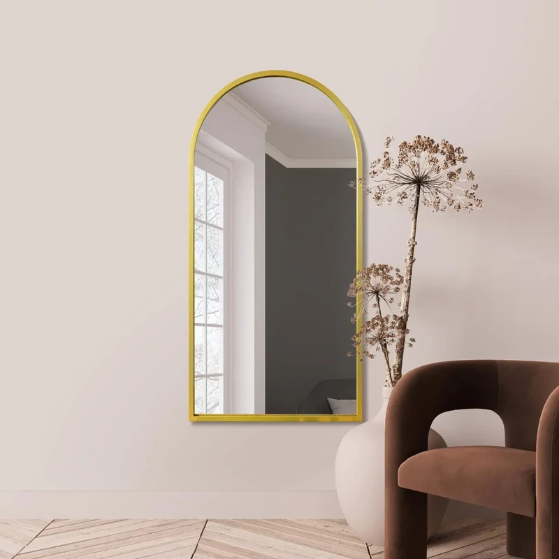MirrorOutlet Arched Modern Gold Large Arched Metal Modern Wall Mirror: 140 x 70cm - Suitable for Bedroom, Living Room, Dressing Room, and Living spaces.