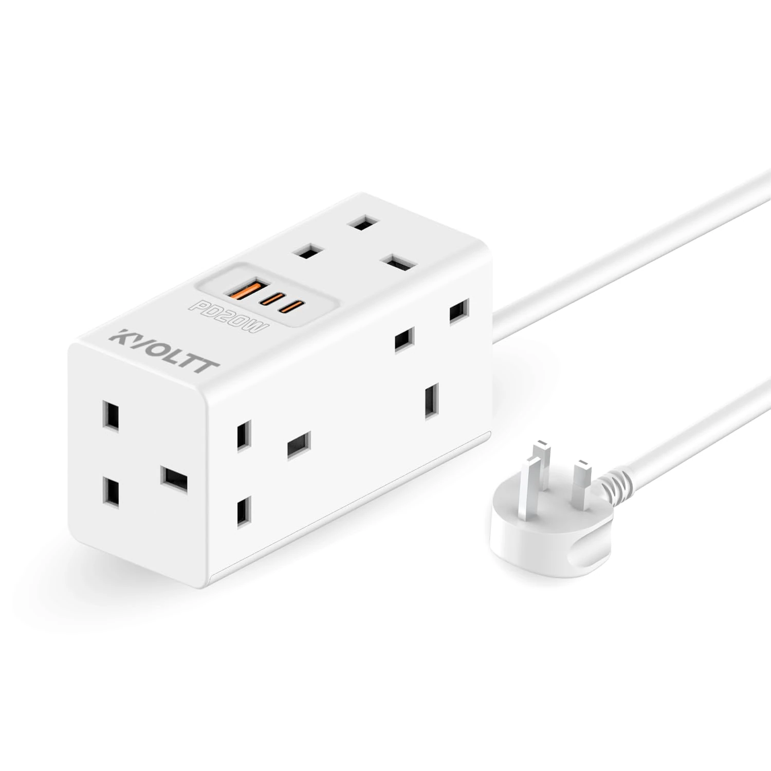 5 Way Extension Lead with USB Slots – White Power Extension, 1.5m Cable with 20W PD fast charging USB C, Compact Extension Cord and Cable Power Strip for Home & Office – Cube Extension Lead