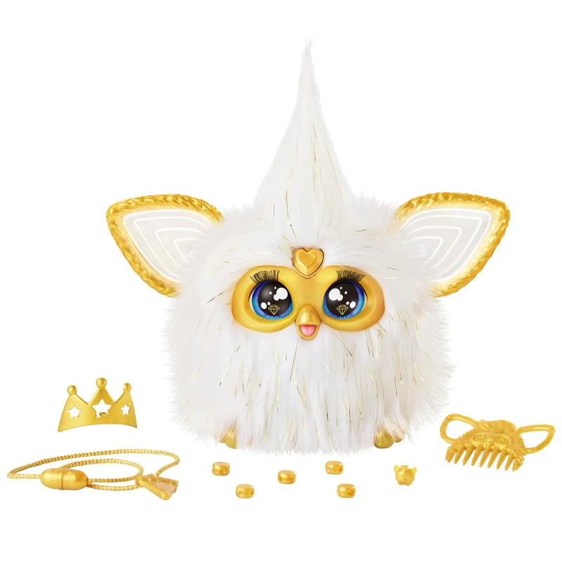 Furby Gold Glam Interactive Plush Toy with Crown, Beads, Comb & 600+ Responses, Premium Voice-Activated Talking Toy with Lights, Music & Dance, Collectible Plush Pet Gift for Girls & Boys Ages 6+