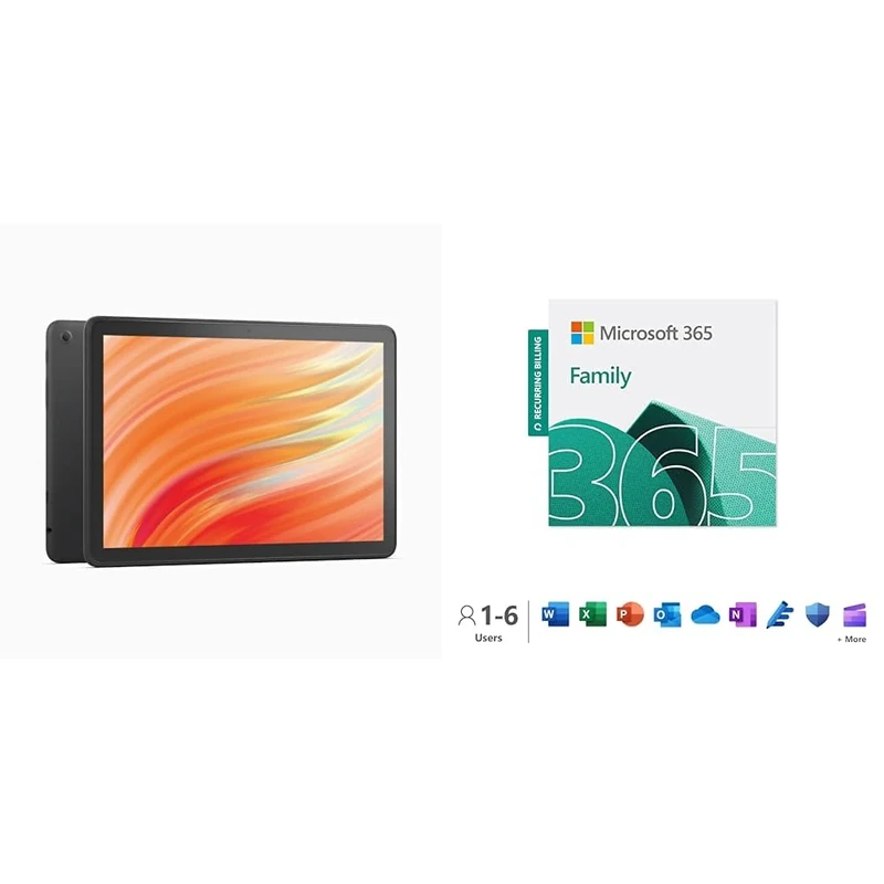 Amazon Fire HD 10 tablet (2023) 64GB, Black + Microsoft 365 Family 15-Month Subscription for 6 users, 1TB cloud storage, Word, Excel, PowerPoint for PC/Mac