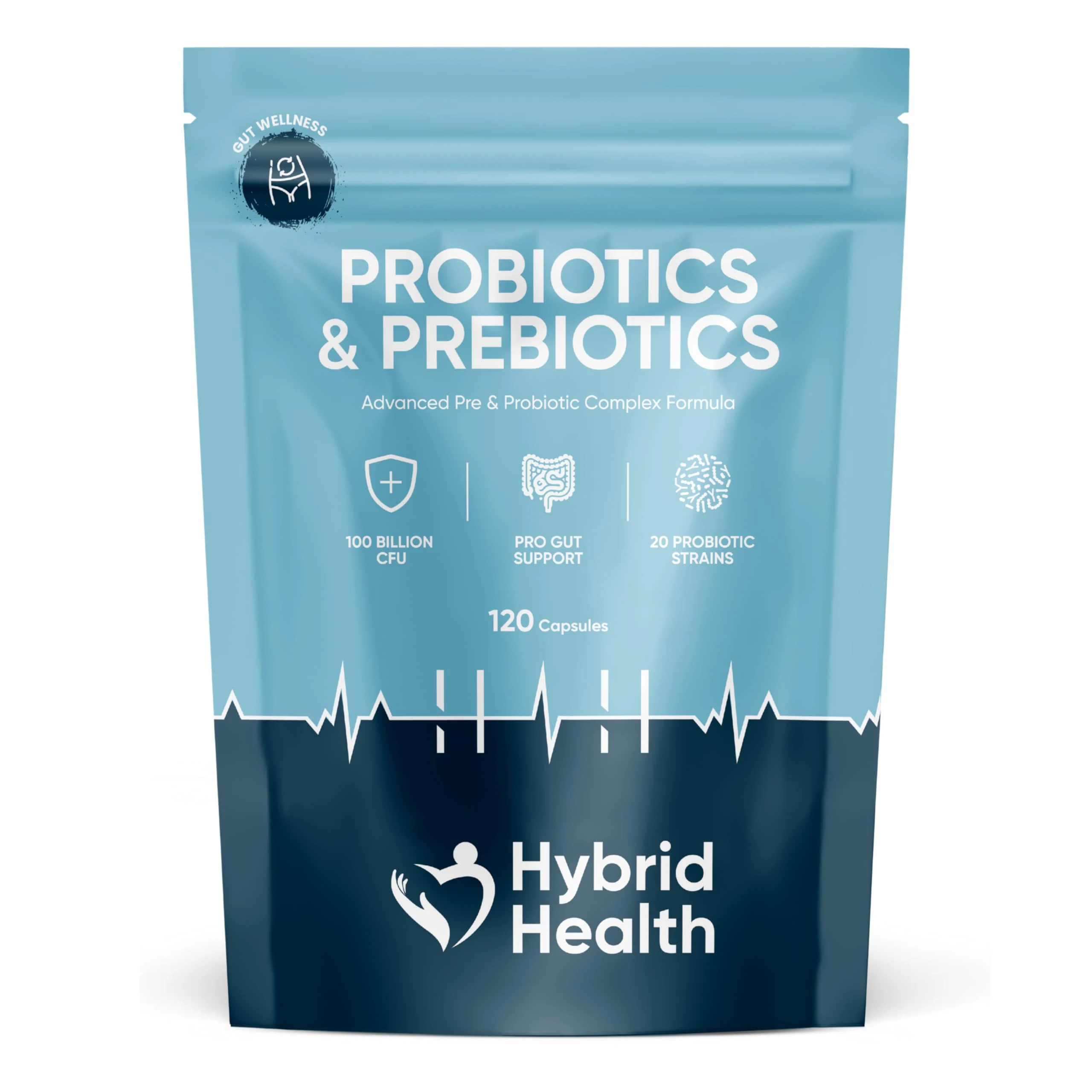 Hybrid Health Probiotics & Prebiotics Complex | 120 Vegan Capsules | 100 Billion CFU | Advanced Strength Probiotics with 20 Diverse Strains | Pre & Probiotic for Women and Men