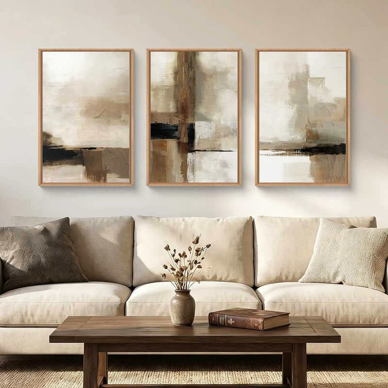 HOURIA Large Abstract Neutral Framed Canvas Wall Art Set, Brown Beige Wall Decor,Minimalist Textured Wall Painting,Modern Brush Stroke Line Art Print for Living Room, Bedroom, Office- 24"x36"x3