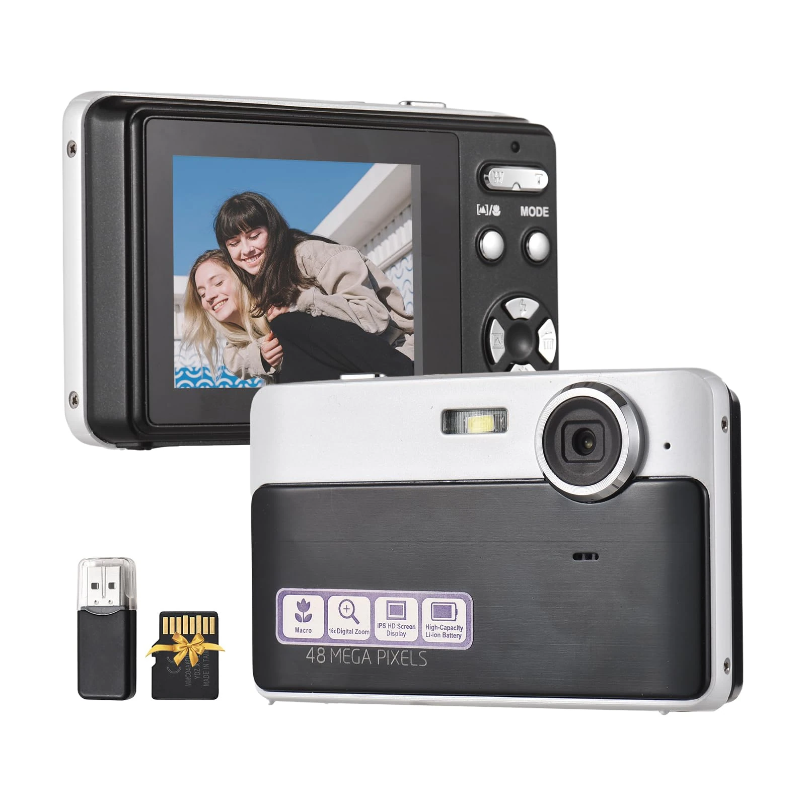 Andoer 1080P Digital Camera 48MP Pocket Digital Video Camera 2.4 Inch Screen Auto Focus 16X Digital Zoom Built-in Battery with 32GB TF Card USB Card Reader Birthday for Teens Students
