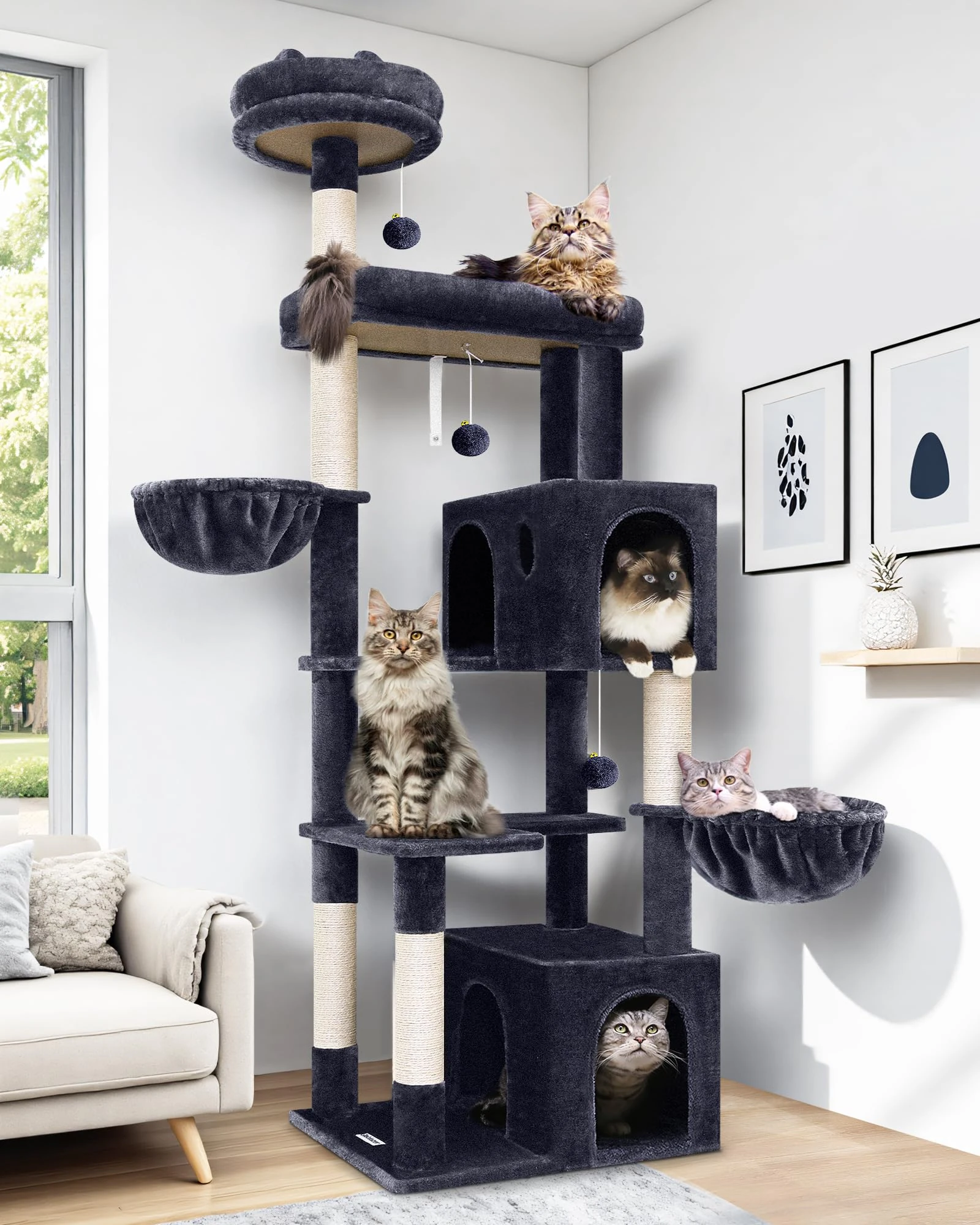 Globlazer F73 Heavy Duty Cat Tower, 73" Tall Cat Tree for Multiple Indoor Cats Adult Large, Multi-Level Cat Tower with 5 Scratching Posts, 2 Cat Condos, 2 Padded Perches, 2 Hanging Baskets, Dark Gray