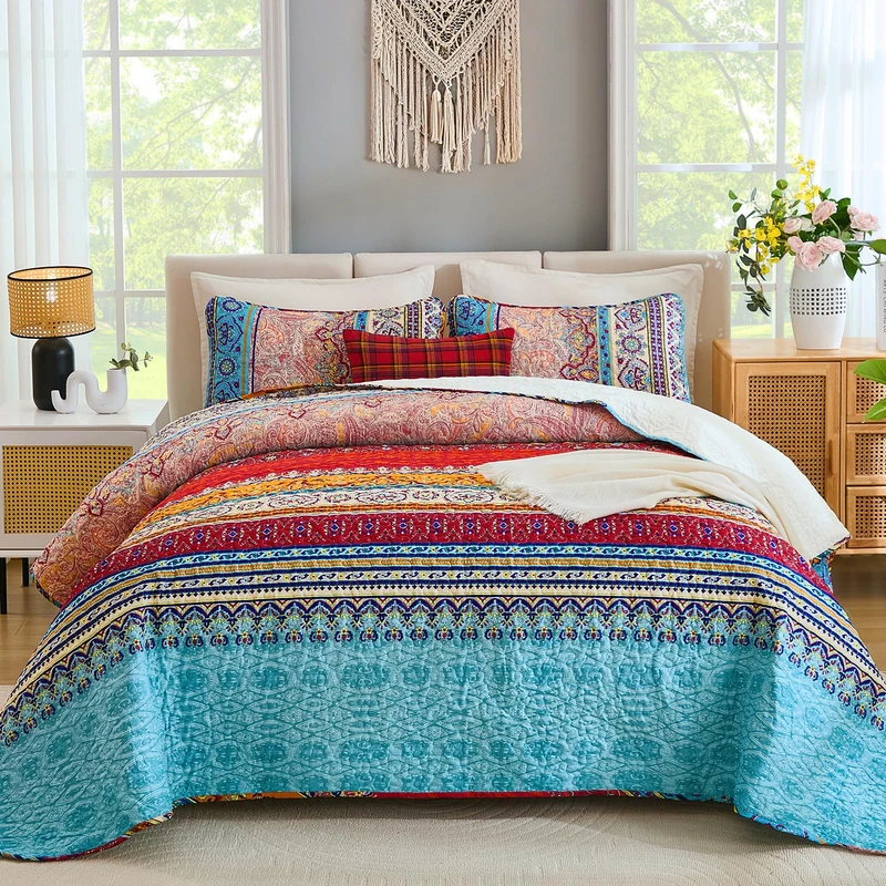 WONGS BEDDING Boho Quilt Set Striped Bedspreads Coverlet Set- YS01AC09088AP-A