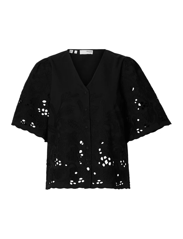 SELECTED FEMME Slfdahlia SS Broderi Shirt Noos, Black, 8