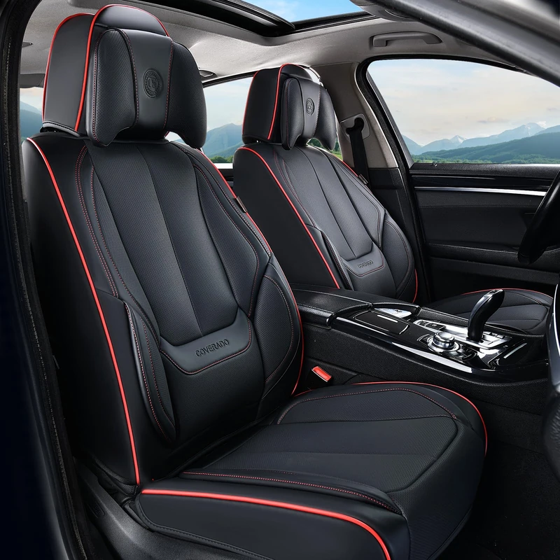 Coverado Universal Seat Covers Front, 2-Pack Universal Seat Covers for Cars, Waterproof Nappa Leather Car Seat Covers with Head Pillow, Auto Protectors Fit for Most Sedans Pick-up Truck-Black&Redline