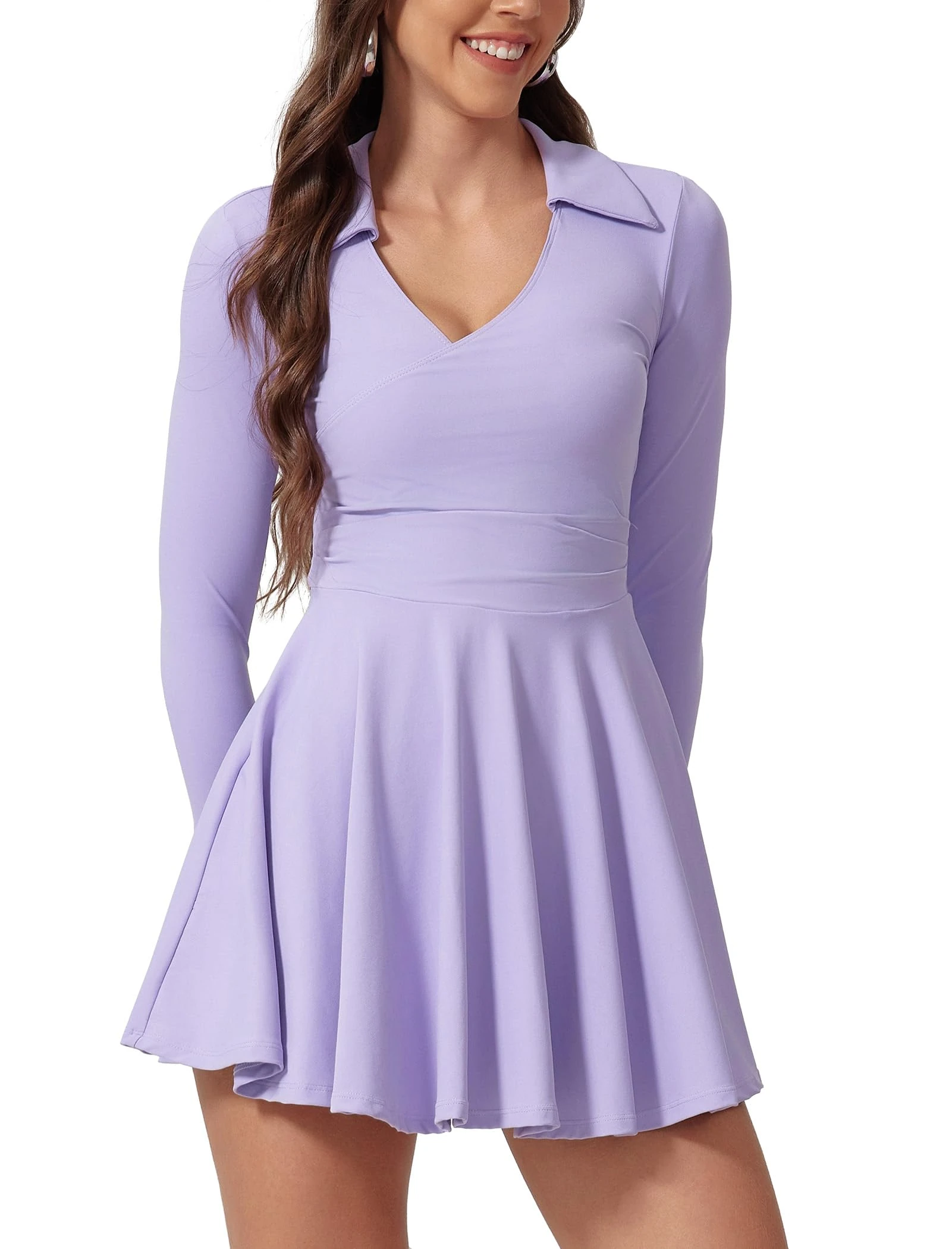 IDOPIP Tennis Dress Women's Long Sleeve Golf Dresses with Integrated Bra and Shorts Sexy Summer Dresses Mini Dress V-Neck Polo Dress with Pocket Tennis Skirt Sports Suit for Workout Yoga, Purple, M