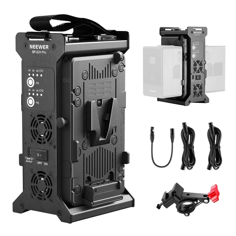 Neewer V Mount Battery Charger Dual Channel with 100W PD USB C Fast Charging, DC 48V/DC24V/100W PD/D TAP Outputs, Multifunctional Metal Charger Compatible with SmallRig PS099E VB99, BP-2CH Pro