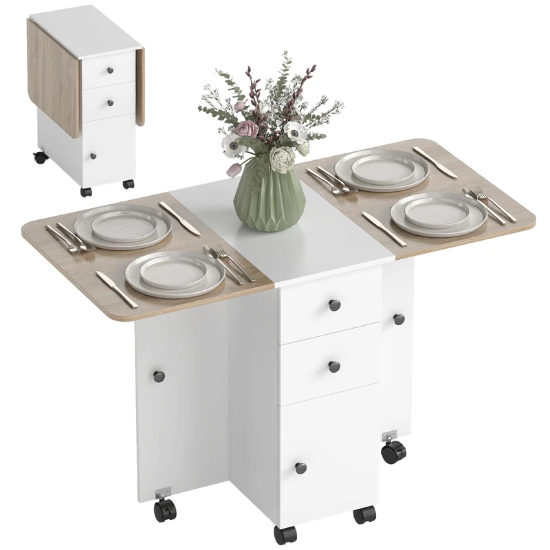 HOMCOM 60-120 cm Folding Dining Table for 4-6, Rolling Drop Leaf Table on Wheels with Storage Drawers, Cabinet and Open Shelf for Small Spaces, Kitchen, Dining Room, Flat, Oak and White
