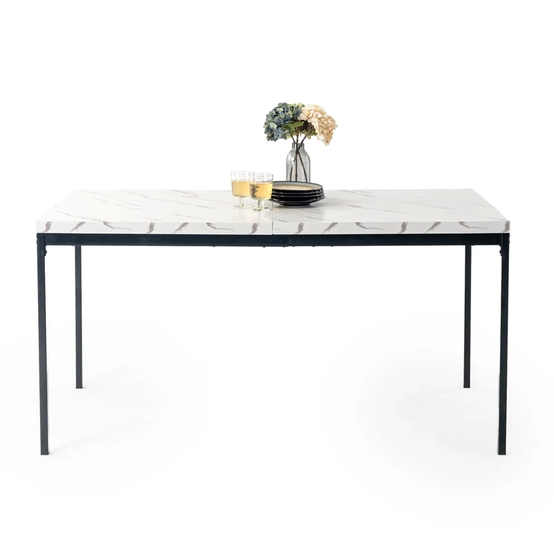 FurnitureR Dining Table, Kitchen Table in Marble Pattern, Metal Frame Rectangular Desk with Adjustable Feet for Dining Room Living Room, 150x75x75cm, White Desktop & Black Legs