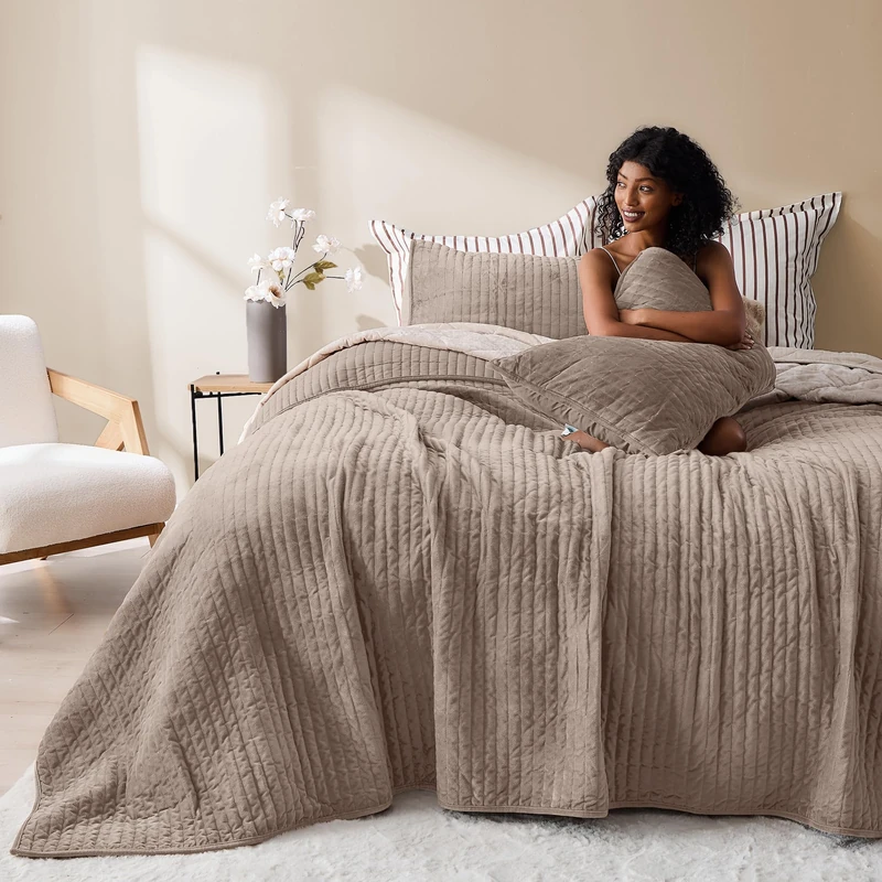 Wonderful Velvet Quilt Set, King Light Brown Soft Fluff Texture Coverlet with Shams, Channel Stitched Pattern, All-Season Use, Versatile Lightweight Bedspread for Bedroom Adults Teens Kids,106"x94"
