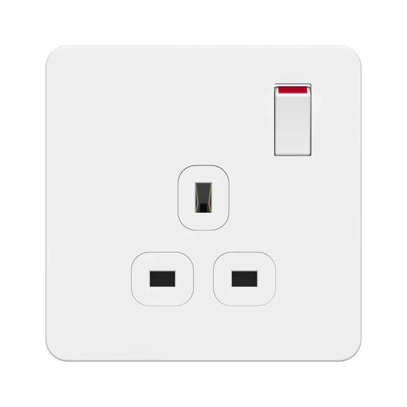 LIDER 1-Gang Switched 13A Socket, Double-Pole Plug Socket with Control Switches, Child-Proof Shutter, Screwless Plastic Plate Cover, UKCA Certified, Thermoplastic, Glossy Finish, White