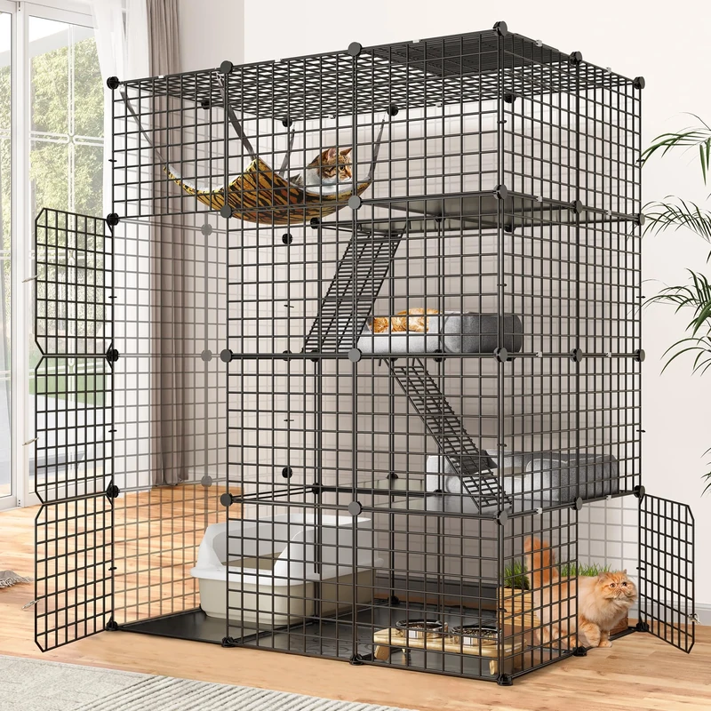 YITAHOME Spacious 4-Tier Enclosure, Indoor Metal Wire Kennel With 4 Doors, 3 Ladders, DIY Playpen With Large Hammock, Suitable for 1-3 Cats, Bunnies, Chinchillas, Black, 104x72x140cm