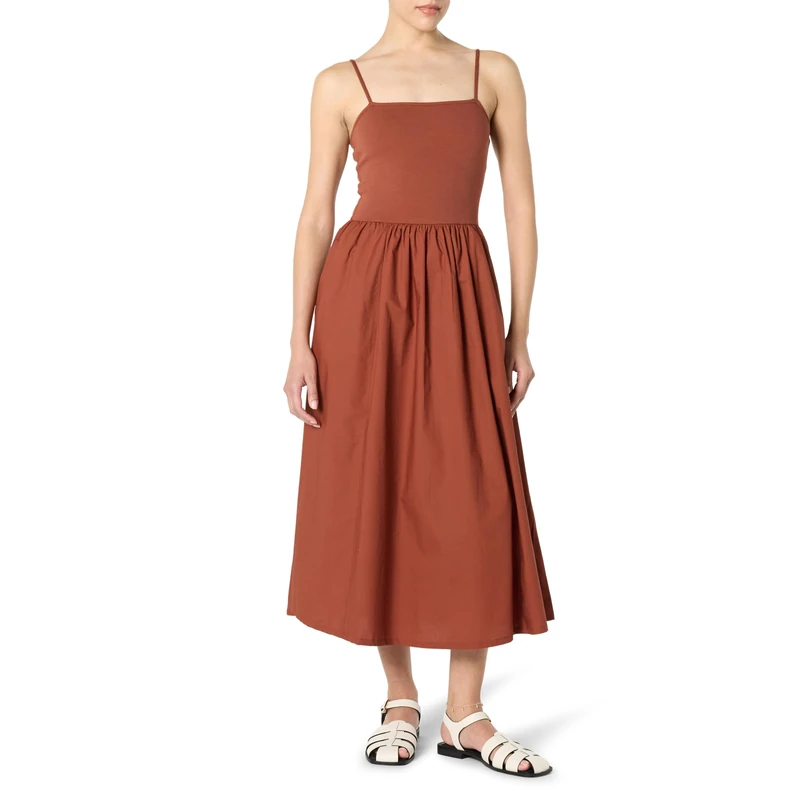 The Drop Robyn Mixed Media Spaghetti Strap Midi Dress, Burnt Henna, XS