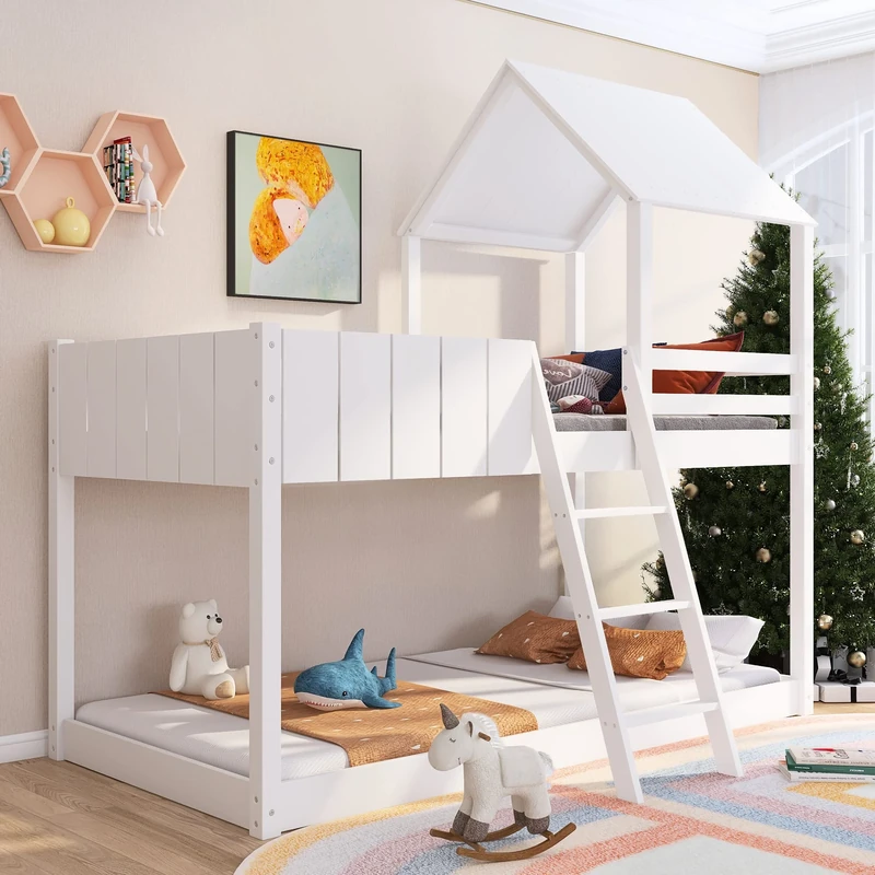 Merax Wooden Bunk Beds for Kids, 3FT Loft Bed with Ladder and Guard Rail, Single Bed with Slatted Frame, Space-Saving Kids Bed Treehouse Canopy Design for Children, White, 90x190 cm (No Mattress)