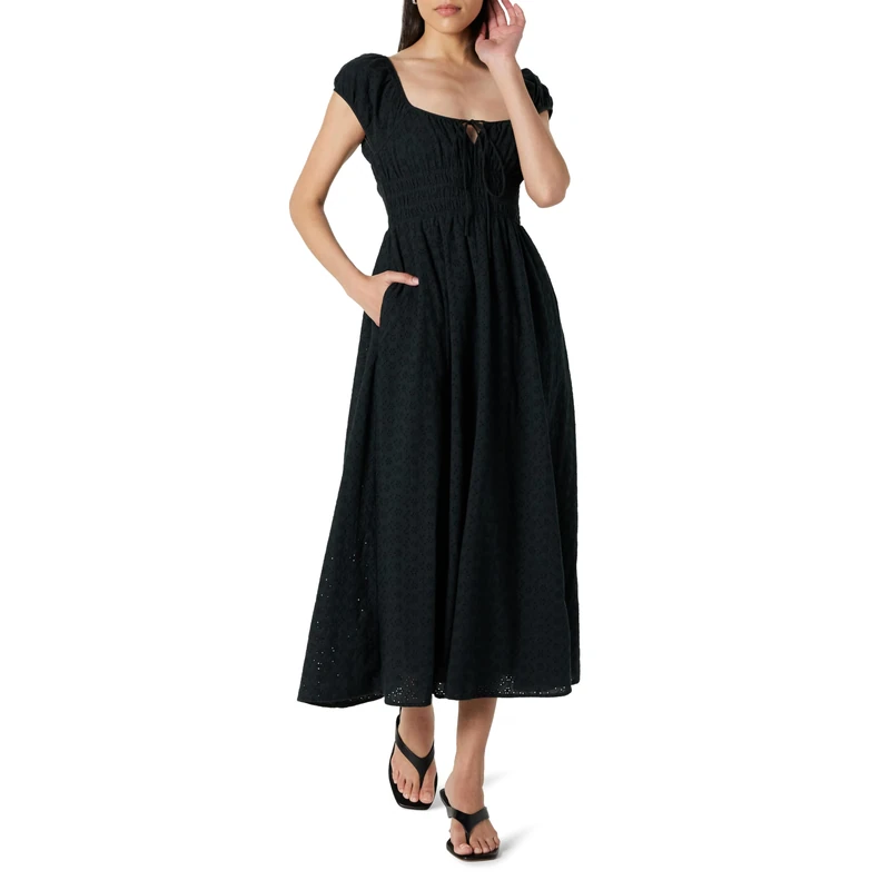 The Drop Melody Cap Sleeve Tie Front Cotton Dress, Black Eyelet, M - Image 1