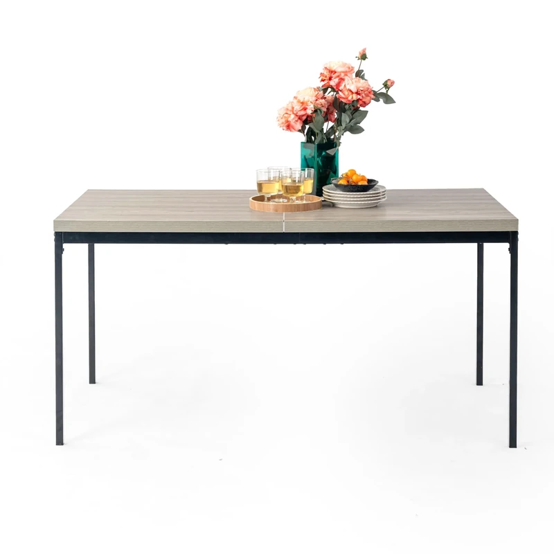 FurnitureR Modern Grey Wood Pattern Dining Table, Sturdy Metal Base, 150x75x75cm – Ideal for Kitchen & Dining Room