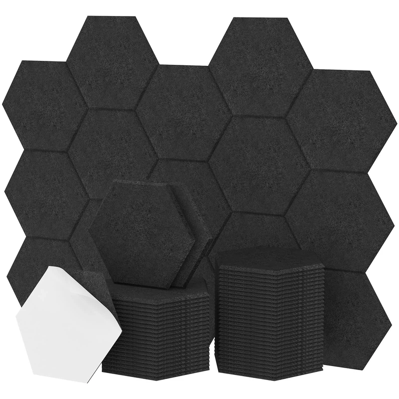 48 Pack Hexagon Acoustic Panels Self-adhesive, TONOR 30x26x0,9cm High Density Sound Proof Panels for Walls, Sound Deadening Insulation Treatment Sound Absorbing Padding for Studio, Office, Home, Black