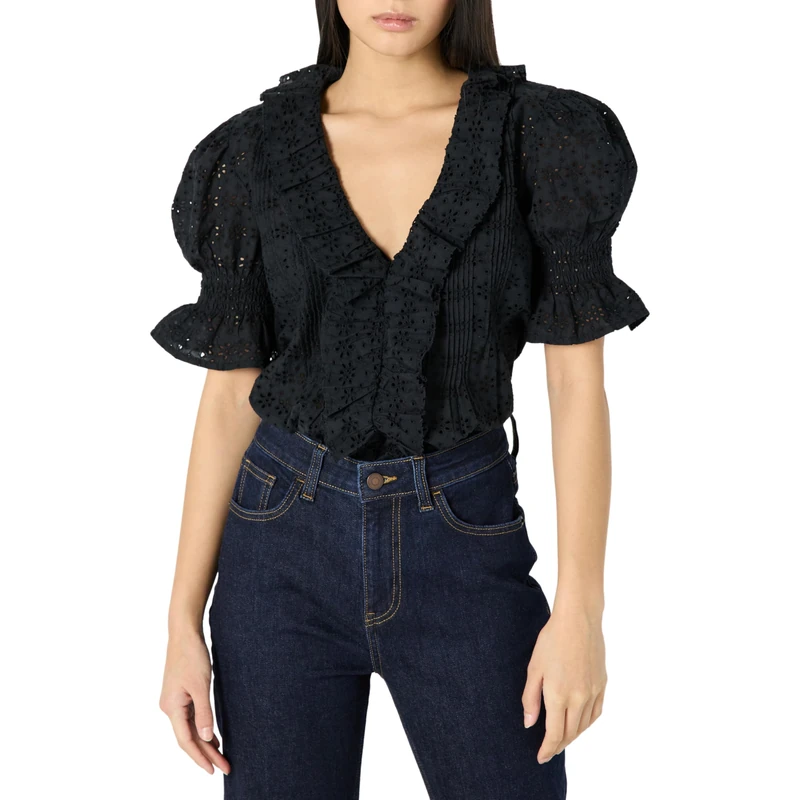 The Drop Lenai Pintuck Eyelet Blouse, Black, XXL Plus - Image 1