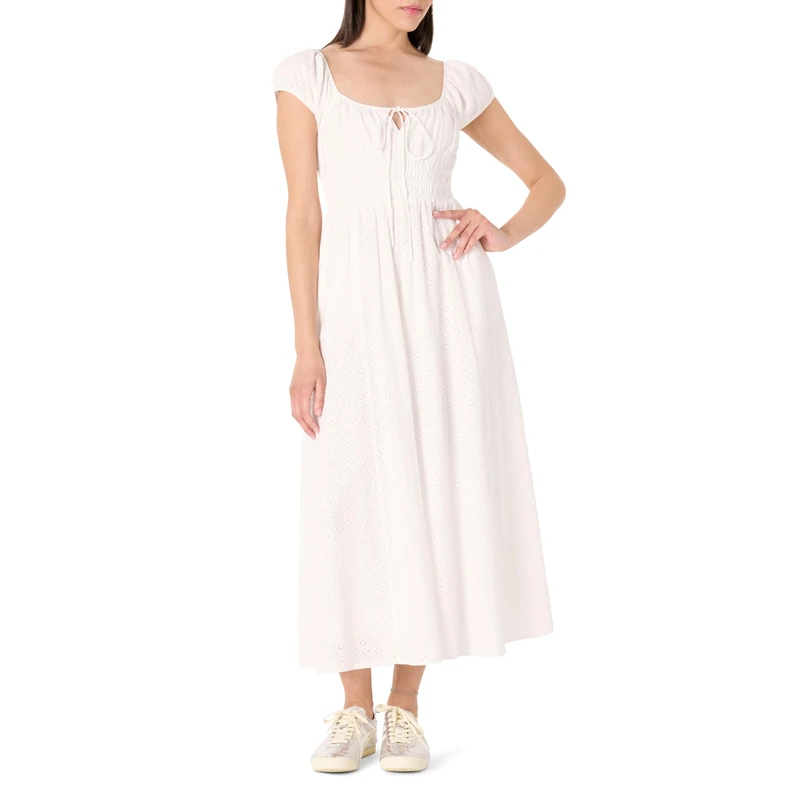 The Drop Melody Cap Sleeve Tie Front Cotton Dress, White Eyelet, L