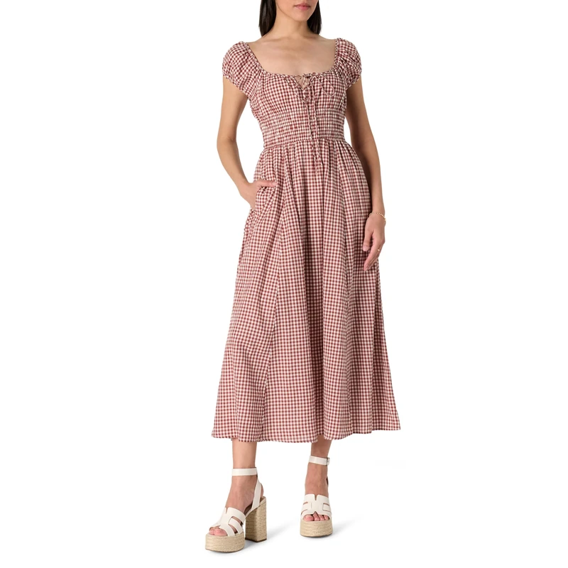 The Drop Melody Cap Sleeve Tie Front Cotton Dress, Brandy Brown Gingham, L