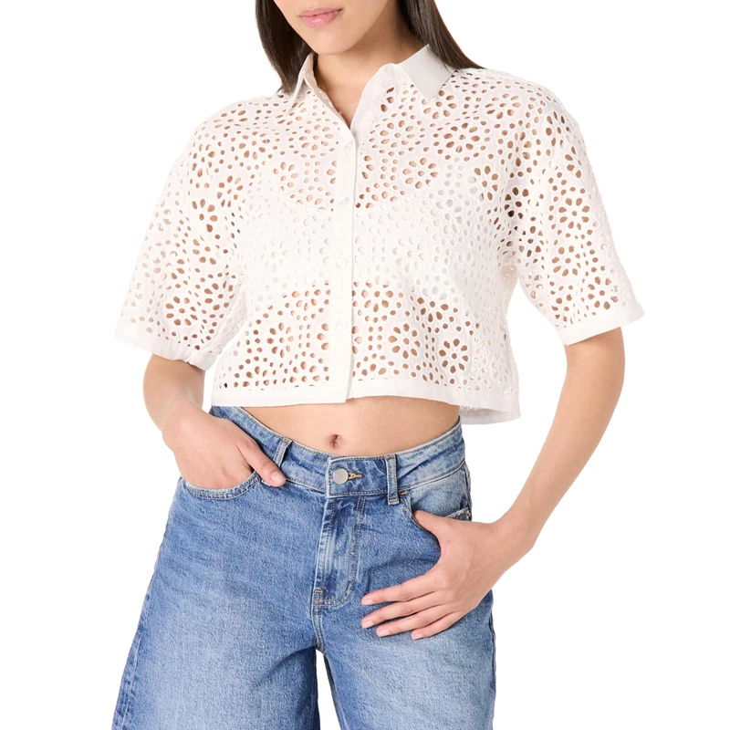 The Drop LUE Lace Button Down Cropped Shirt, White, S